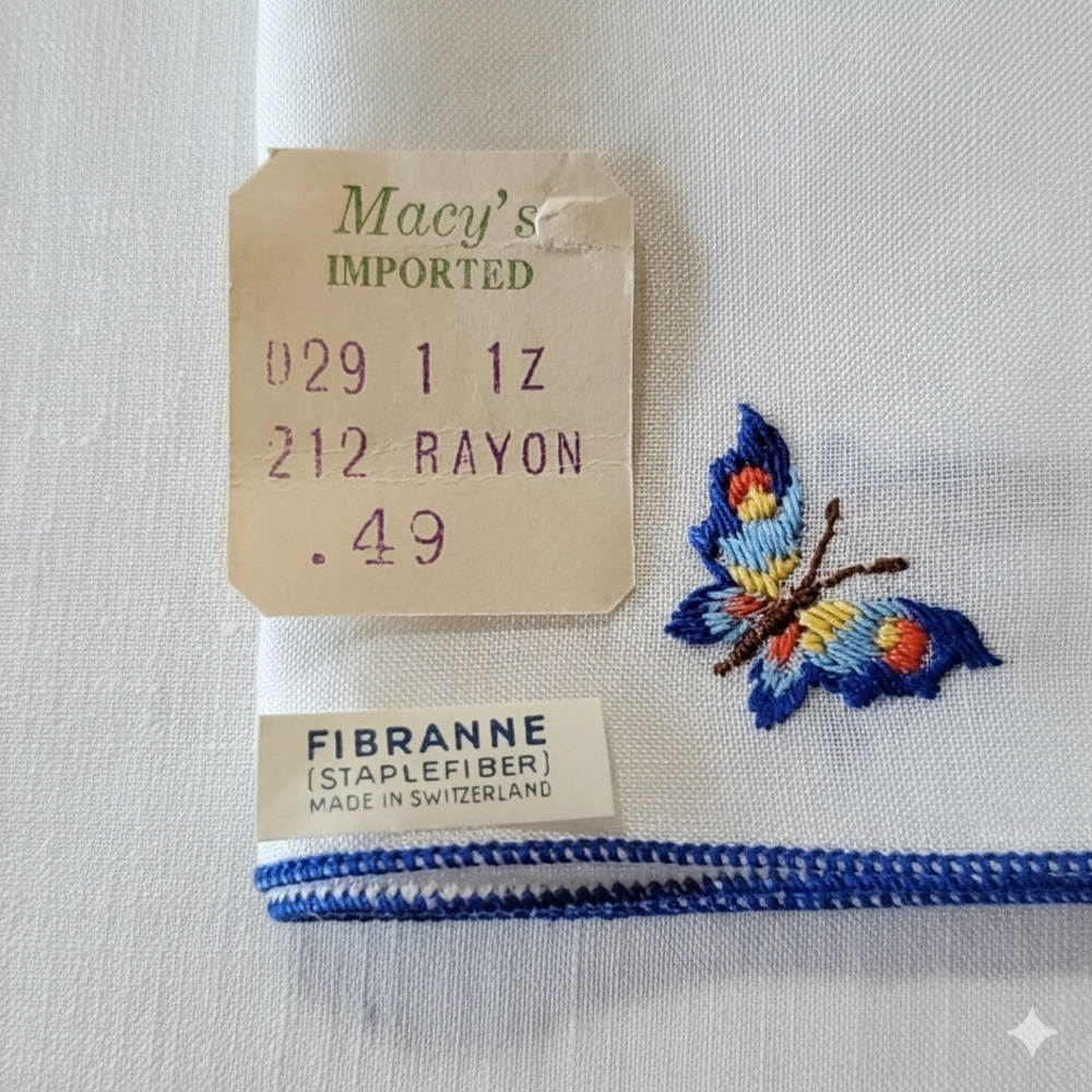 🛑SOLD🛑 Fibranne 3 Handkerchief Set Vintage Embroidered Butterfly Kids Flowers - Picture 2 of 8